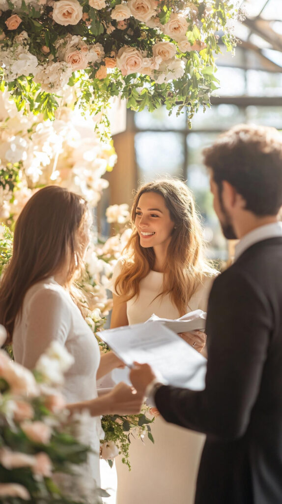 Futuri sposi che rileggono le promesse durante le prove generali sotto un allestimento floreale per un catering per matrimoni.