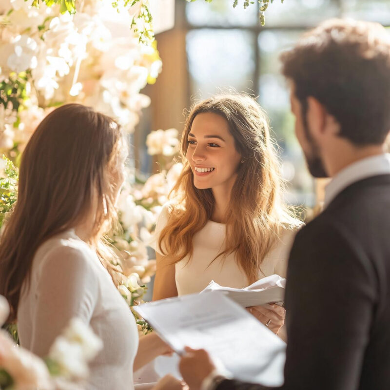 Futuri sposi che rileggono le promesse durante le prove generali sotto un allestimento floreale per un catering per matrimoni.