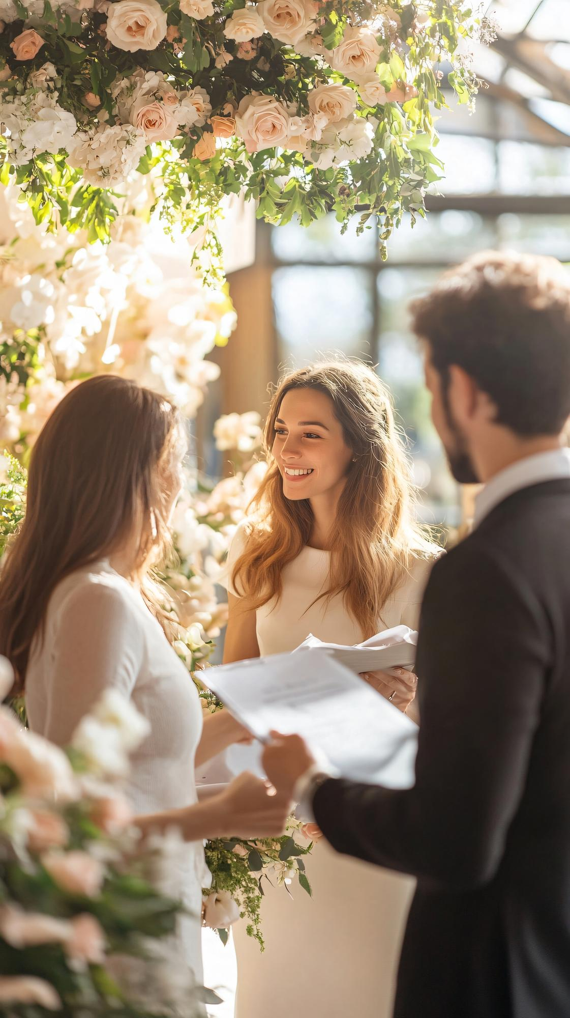 Futuri sposi che rileggono le promesse durante le prove generali sotto un allestimento floreale per un catering per matrimoni.