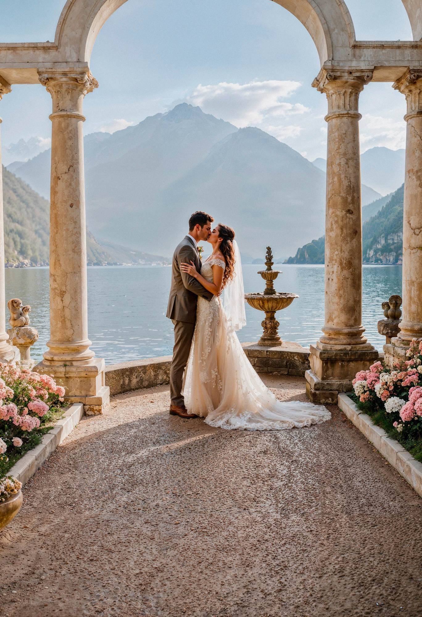 Coppia di sposi su una terrazza vista lago durante un evento curato dal nostro catering per matrimoni