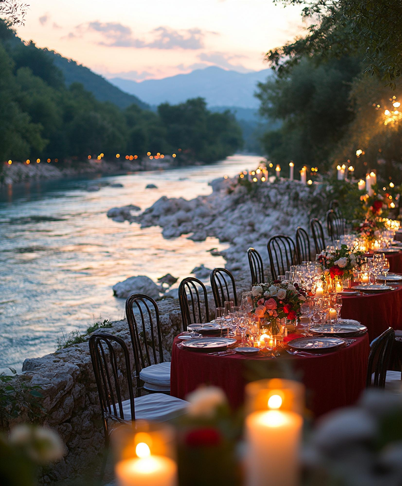 An evening setting with candles by the river for a riverside dinner