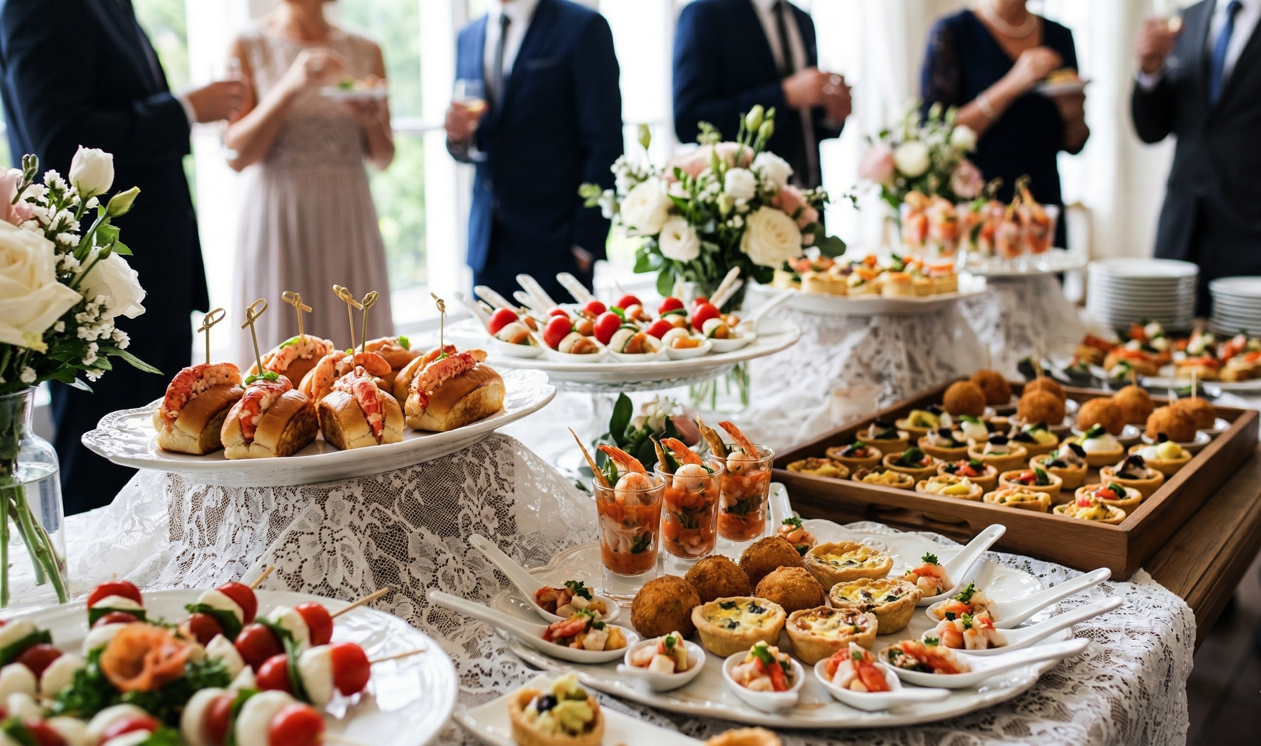 Tavolo del buffet nuziale ricco di finger food, sfiziosi antipasti monoporzione e composizioni floreali curato da un catering per matrimoni.