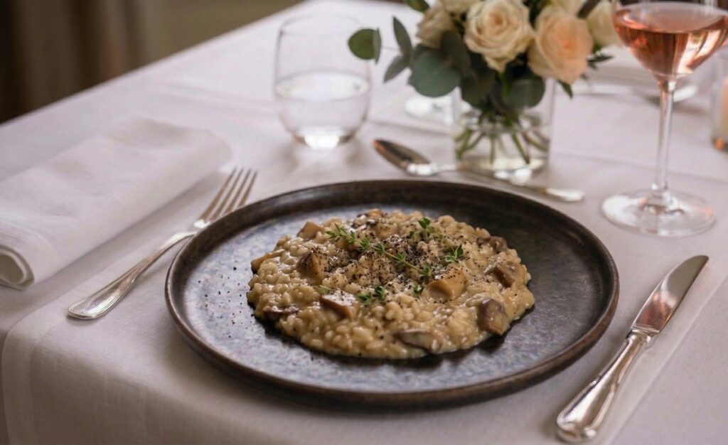 Risotto ai funghi impreziosito da erbe aromatiche e servito su un piatto scuro elegante durante un banchetto curato da un catering per matrimoni.