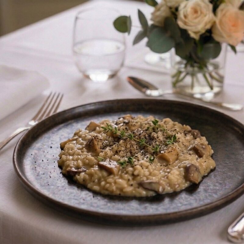 Risotto ai funghi impreziosito da erbe aromatiche e servito su un piatto scuro elegante durante un banchetto curato da un catering per matrimoni.