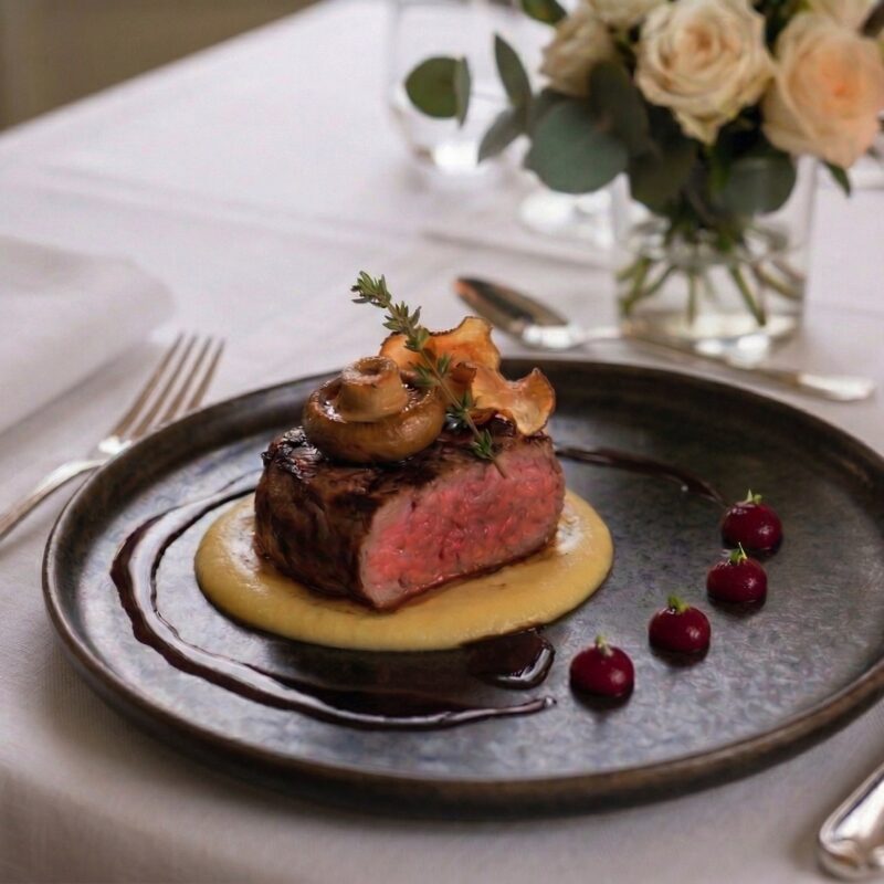 Filetto di carne impiattato in modo raffinato con purè, funghi e riduzione di frutti rossi su una tavola elegantemente apparecchiata per un catering per matrimoni.