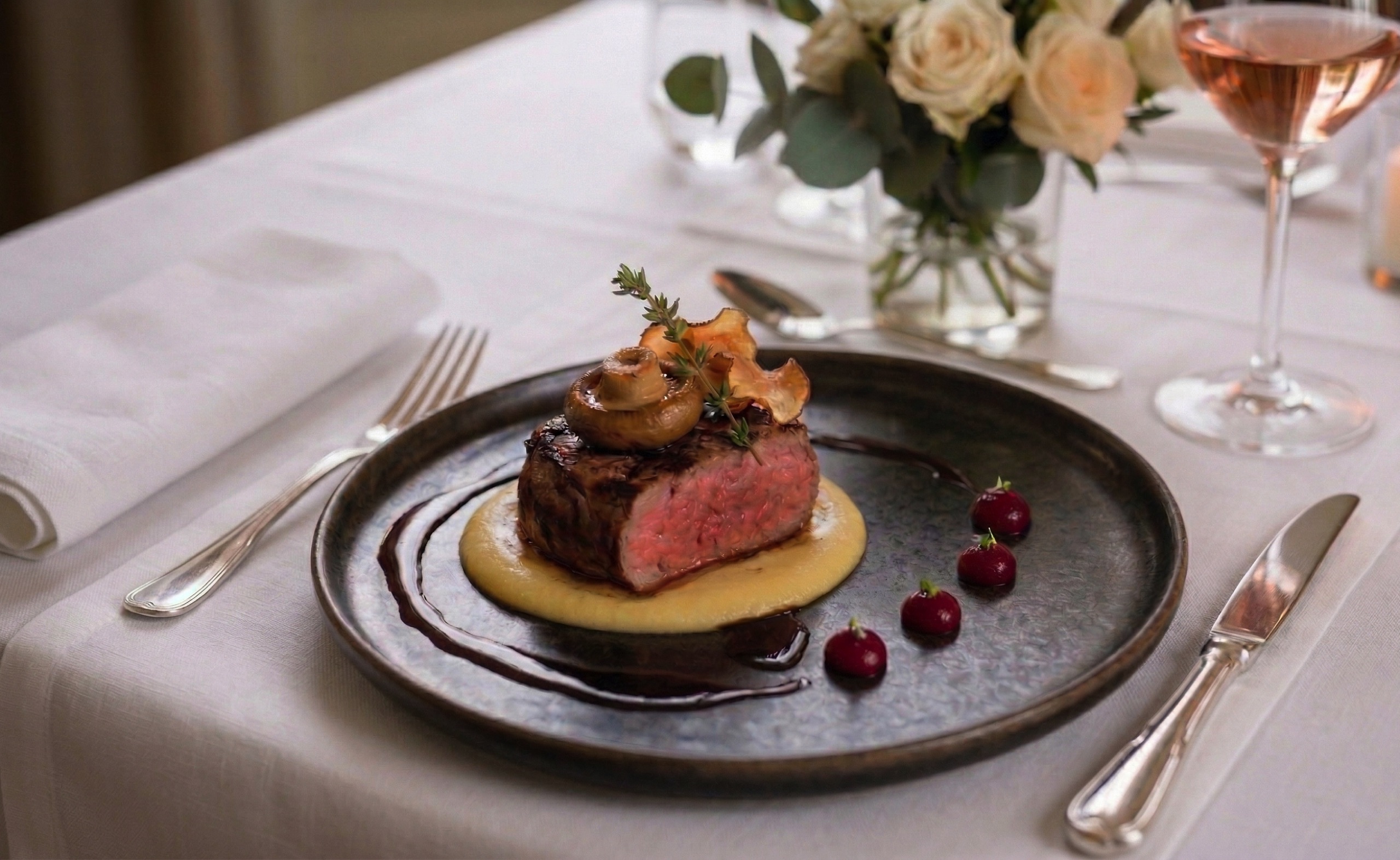 Filetto di carne impiattato in modo raffinato con purè, funghi e riduzione di frutti rossi su una tavola elegantemente apparecchiata per un catering per matrimoni.