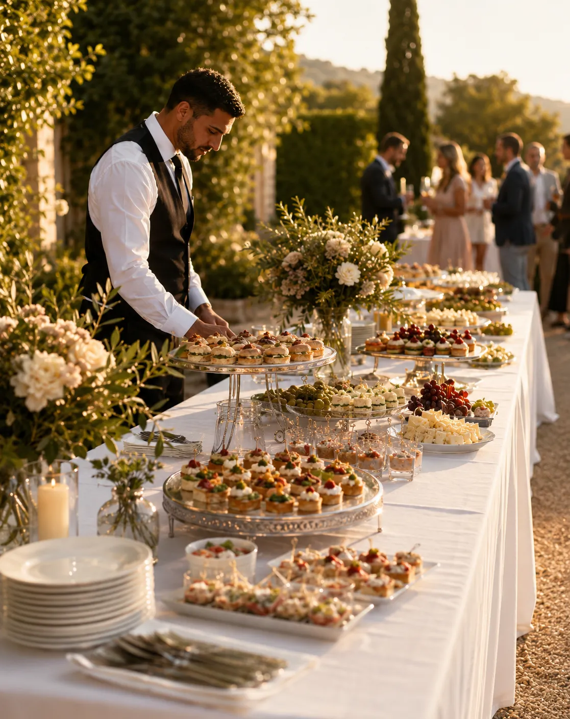 Wedding catering aperitif buffet in an Italian villa, with savory finger food, canapés, low risers, neutral floral arrangements and catering staff serving guests.