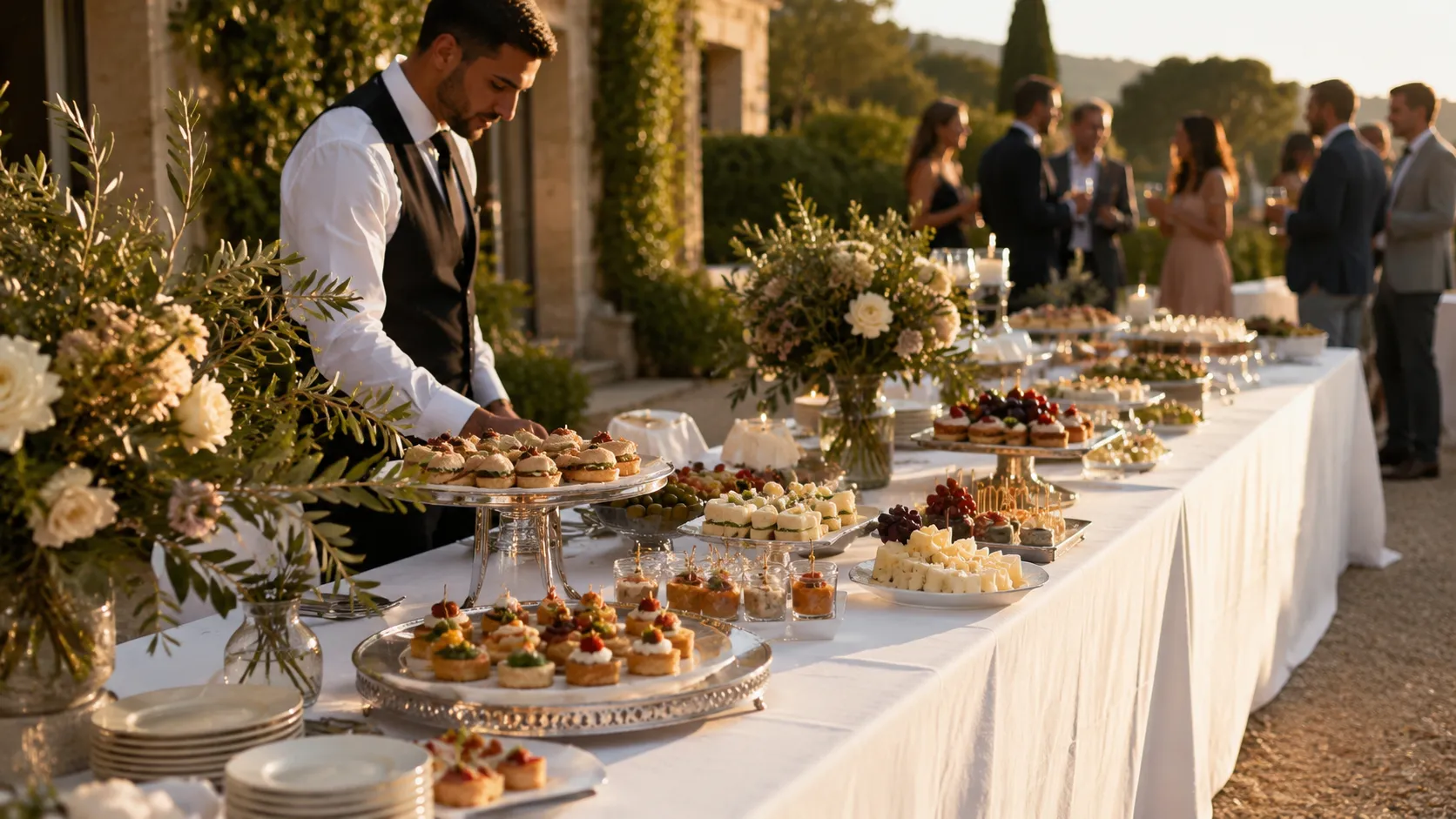 Buffet aperitivo di catering per matrimoni in villa, con finger food, tartine salate, alzate basse, fiori chiari e personale di servizio durante il ricevimento.
