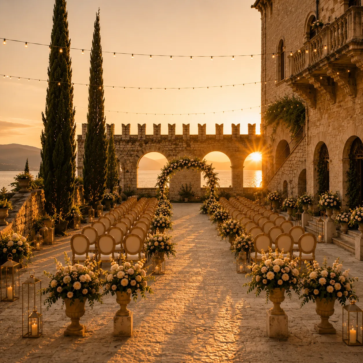 Luxury castle wedding ceremony setup at sunset with wedding catering in Milan