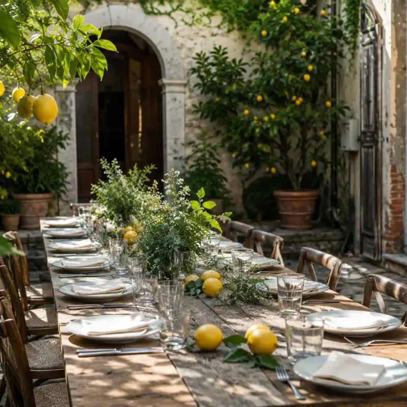 Tavolata imperiale allestita con decorazioni botaniche e limoni in una suggestiva corte italiana, a cura del nostro servizio di catering per matrimoni.