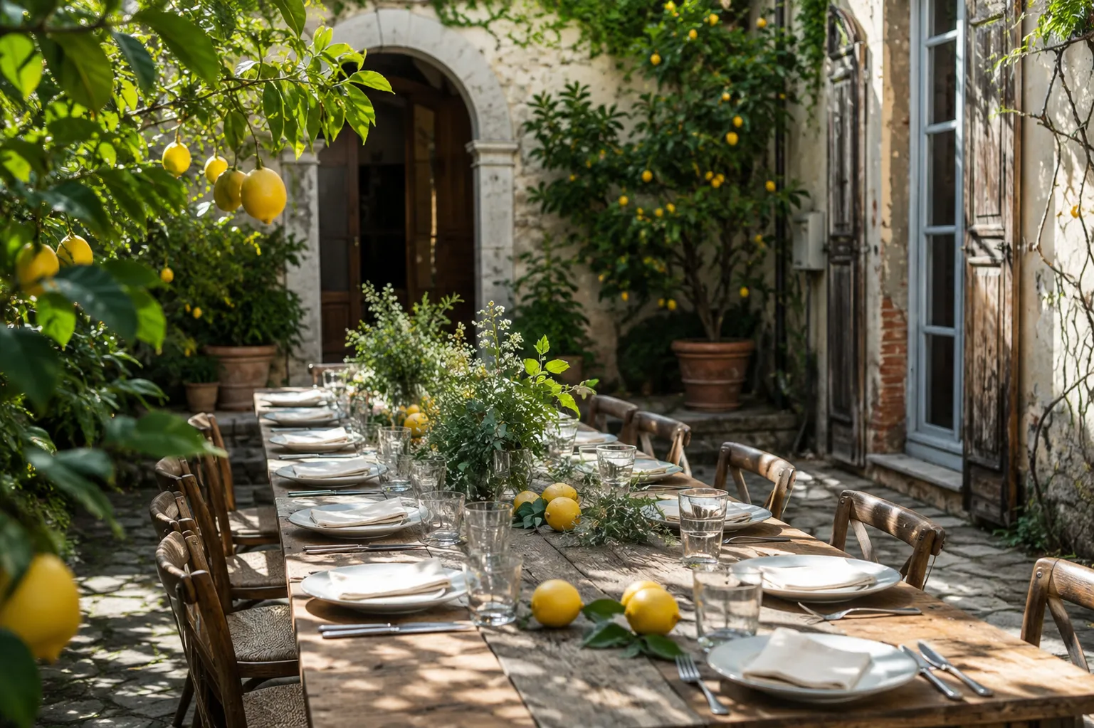 Tavolata imperiale allestita con decorazioni botaniche e limoni in una suggestiva corte italiana, a cura del nostro servizio di catering per matrimoni.