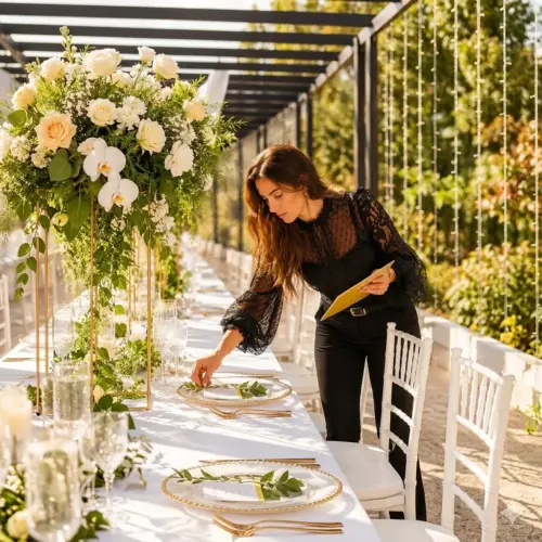 Wedding planner adjusting a place setting on an elegant outdoor wedding table with crystal glasses, gold cutlery and white floral arrangements