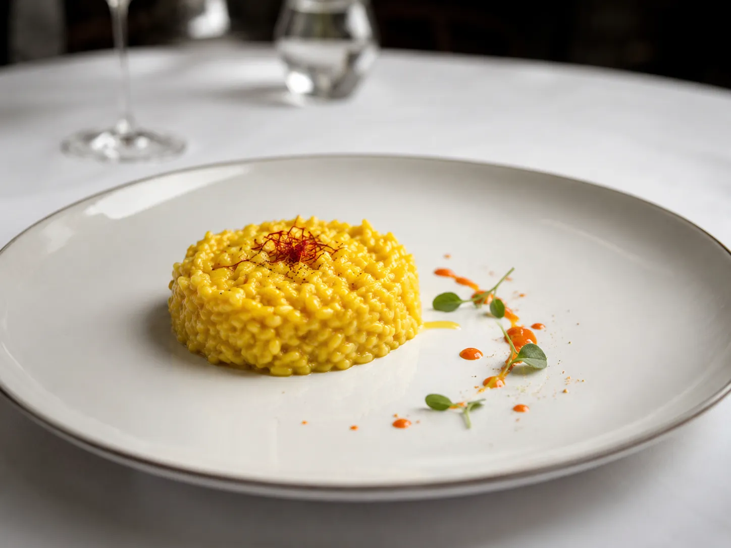 Small timbale of saffron Milanese risotto served in the center of a large white plate, decorated with red sauce drops and small herbs on the side.