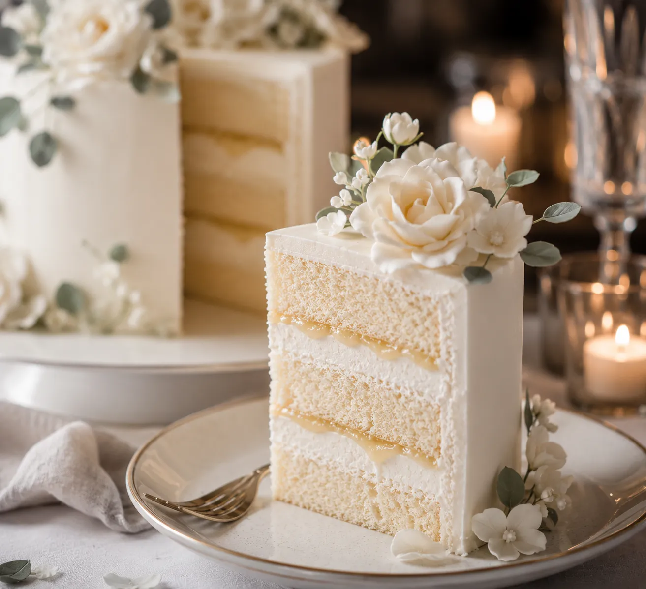 Slice of white wedding cake with floral decoration served on a plate beside a tiered cake and candles