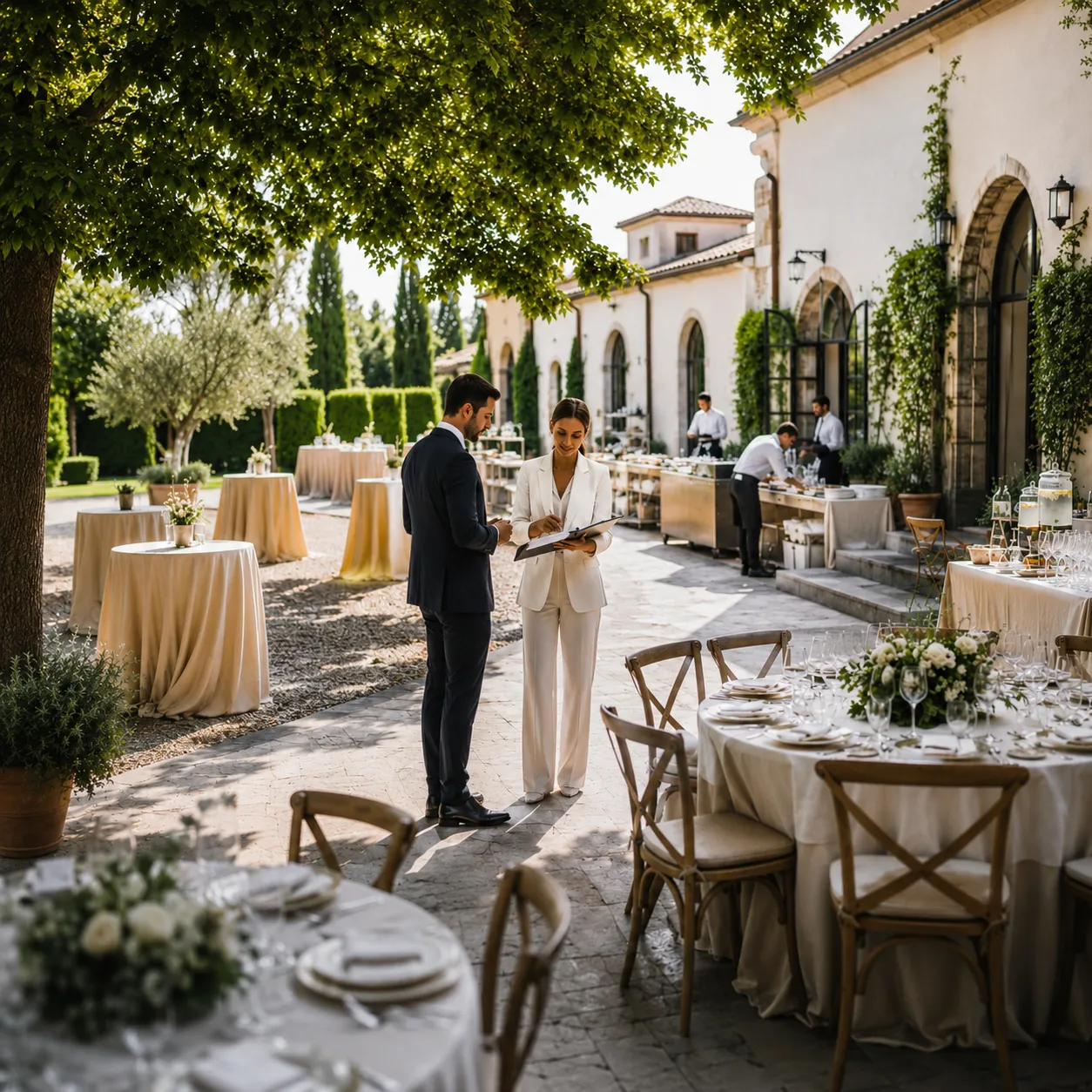 Wedding planner e responsabile catering durante un sopralluogo in una location per matrimonio